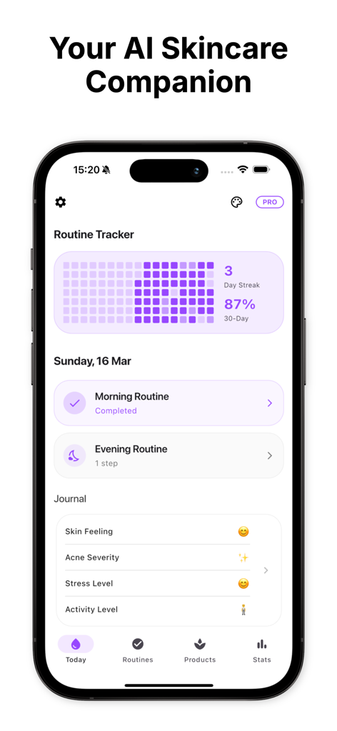 Dashboard of Kiru AI Skincare app featuring routine tracking and daily skin journal