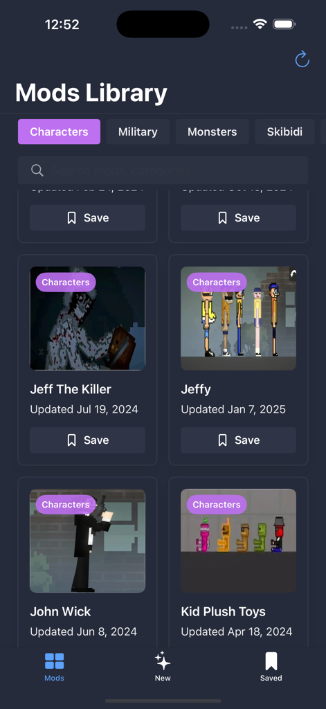 Mods for Melon Playground!! - Melon Playground mods library showing character skins for Jeff the Killer and John Wick