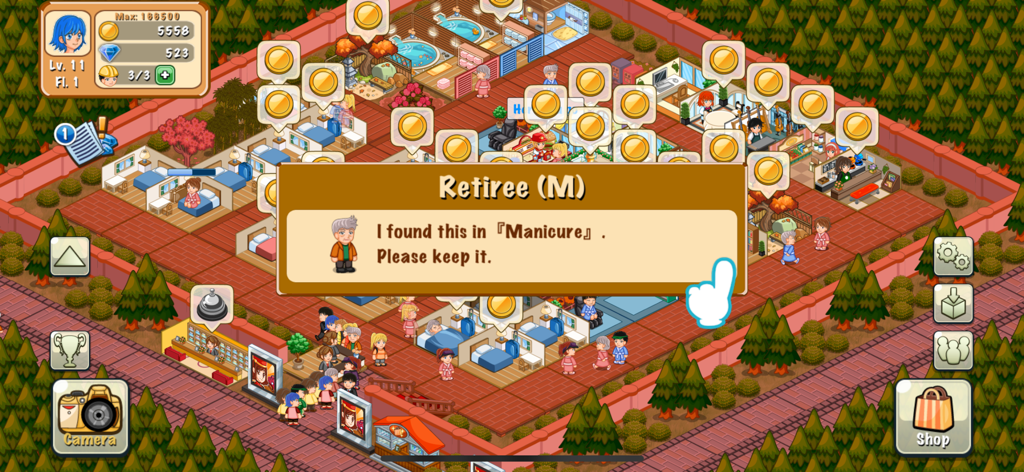 Pantalla de juego de Hotel Story Resort Simulation mostrando una adorable interacción con un huésped y un diseño de gestión del resort en estilo artístico retro.