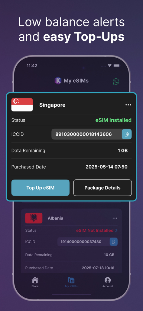 KnowRoaming Travel eSIMs - KnowRoaming app interface showing travel eSIM data balance and top-up options