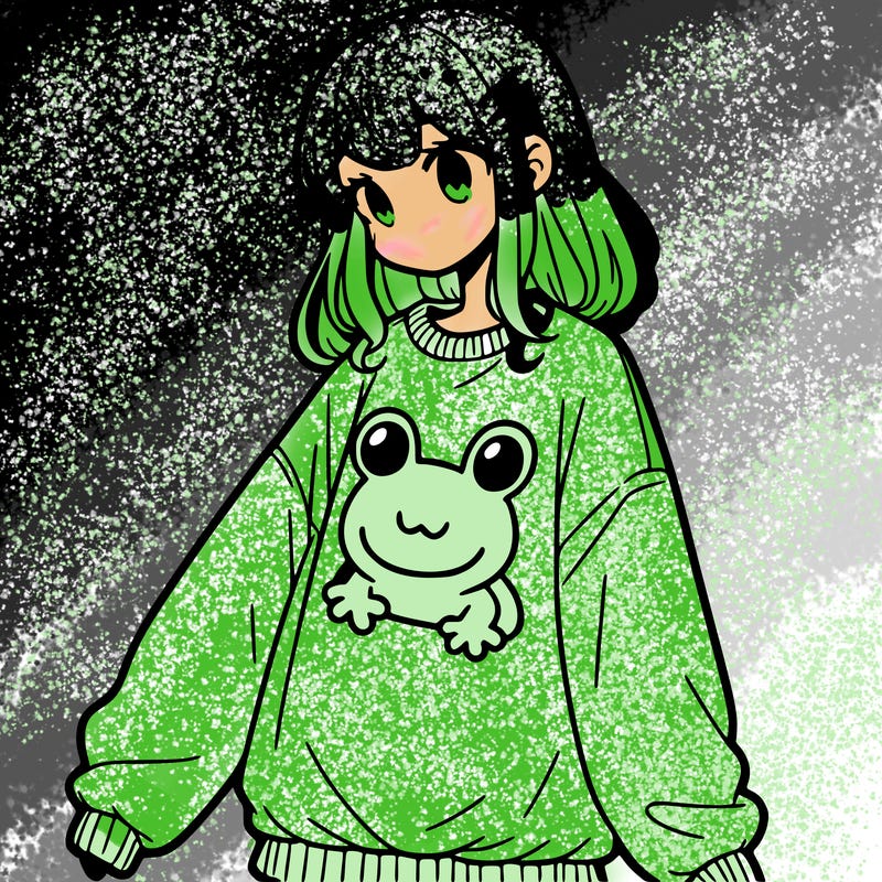 girl wearing frogging sweatshirt
