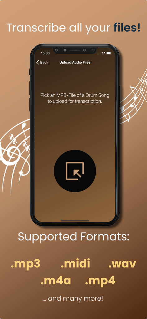 Drum2Notes - Transcribe Drums - Drum2Notes app screen showing audio file upload interface and list of supported formats like MP3 MIDI and WAV for drum transcription
