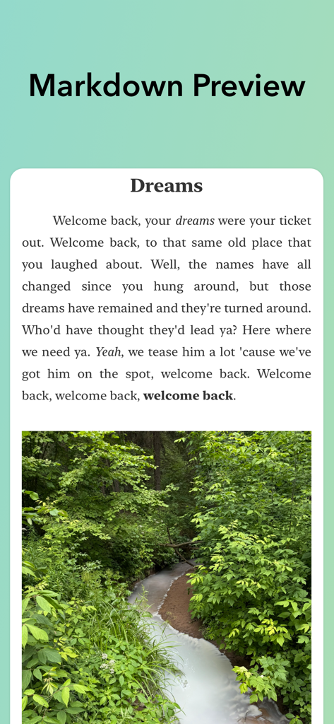 Vista previa de Markdown en vivo en iWriter 2 mostrando texto renderizado y una imagen incrustada de un arroyo forestal.