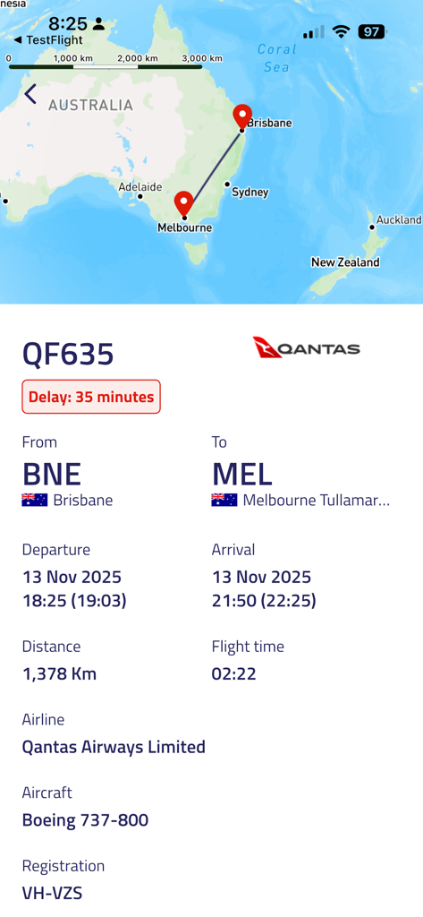 Sugo - Sugo app screenshot showing flight path map and statistics for a Qantas flight from Brisbane to Melbourne