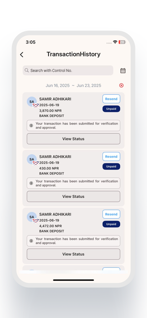 Mobile app screen showing a list of recent money transfer transactions with details like amount, date, and status.