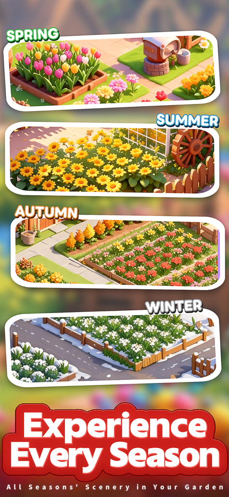 The Cozy Florist - Una ilustración de cuatro paneles que muestra un jardín de flores en primavera, verano, otoño e invierno en el juego móvil The Cozy Florist