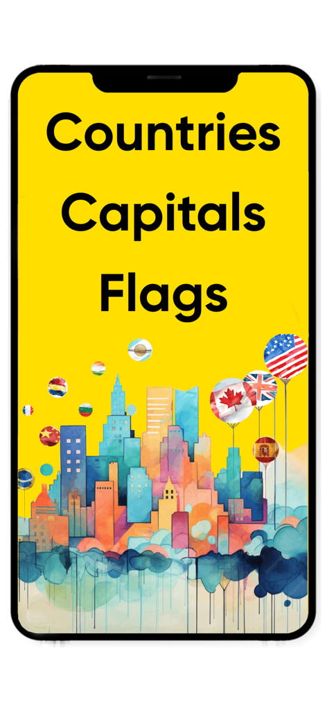 Countries and Capitals Quiz - Countries Capitals Flags quiz app screen with a colorful city illustration and world flags