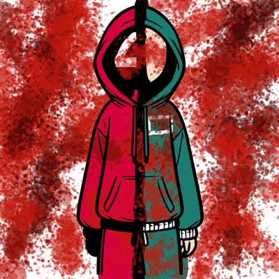 faceless girl in a tracksuit with a hood on and no hair