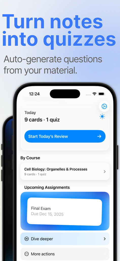 ExamCram - Study AI Quizzes - Interface do aplicativo ExamCram mostrando como transformar anotações de estudo em quizzes e flashcards automaticamente
