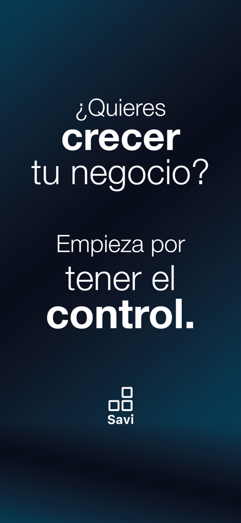 Tela de introdução do aplicativo Savi com texto em espanhol perguntando se você deseja crescer seu negócio assumindo o controle