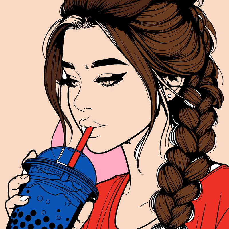 realistic girl drinking boba tea with braided hair