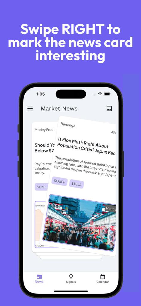 Um smartphone exibindo o aplicativo Alerta com cartões de notícias de mercado para deslizar e um prompt para deslizar para a direita para conteúdo interessante