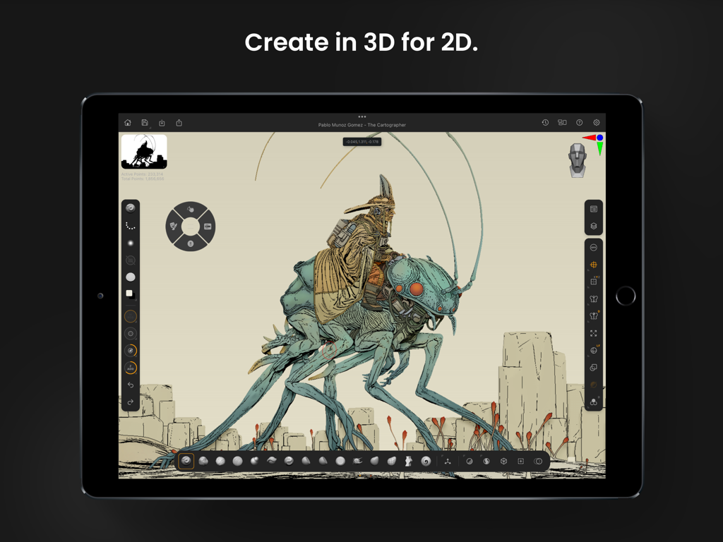 Interface do ZBrush para iPad exibindo uma escultura 3D detalhada de um personagem, um cavaleiro em um inseto