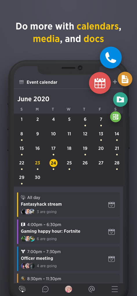 Guilded app interface showing an event calendar with scheduled gaming sessions and community meetings