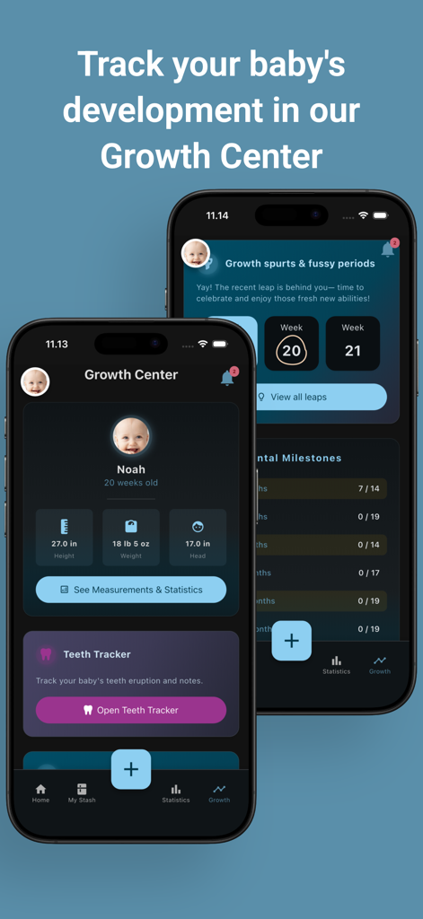 My Milk Stash: Pumping tracker - My Milk Stash App Wachstumszentrum-Oberfläche, die Babywachstumsmessungen und die Verfolgung von Entwicklungsmeilensteinen anzeigt