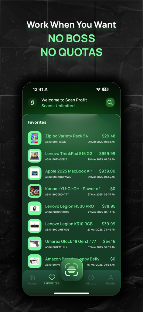 Scan Profit - AI Sourcing Tool - Capture d'écran de l'application Scan Profit montrant une liste de favoris de produits avec prix et numéros ASIN pour la revente sur Amazon
