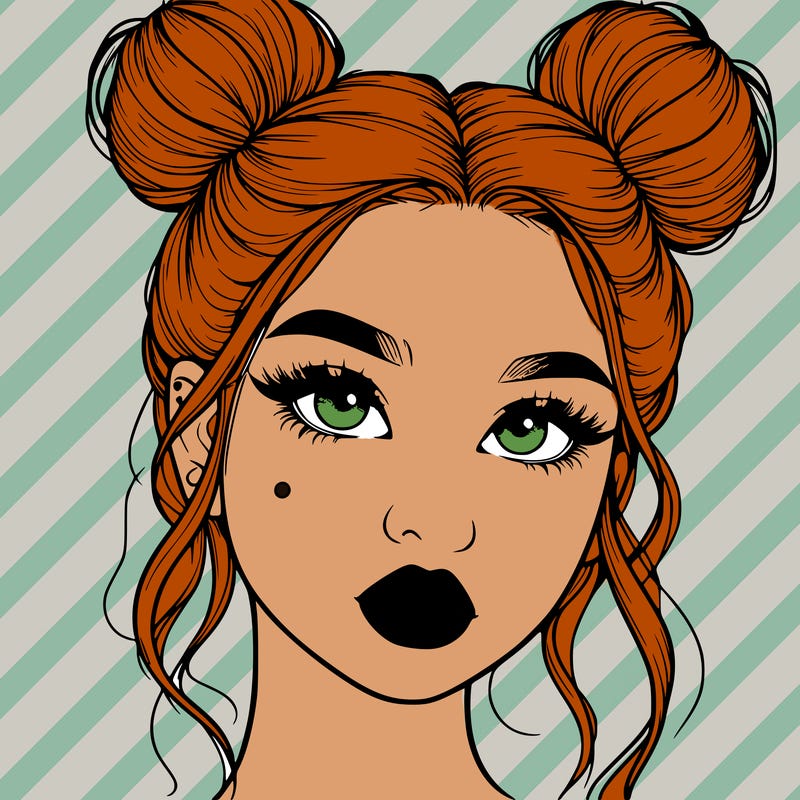 realistic girl with two buns on her hair and lips
