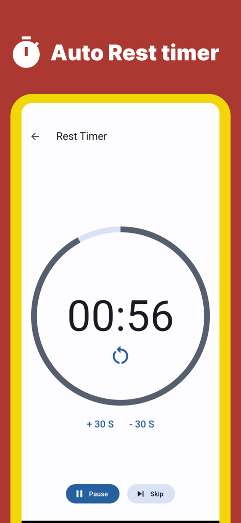 FitFit Workout Planner Tracker - FitFitアプリの自動休憩タイマースクリーン、カウントダウンと一時停止ボタン付き