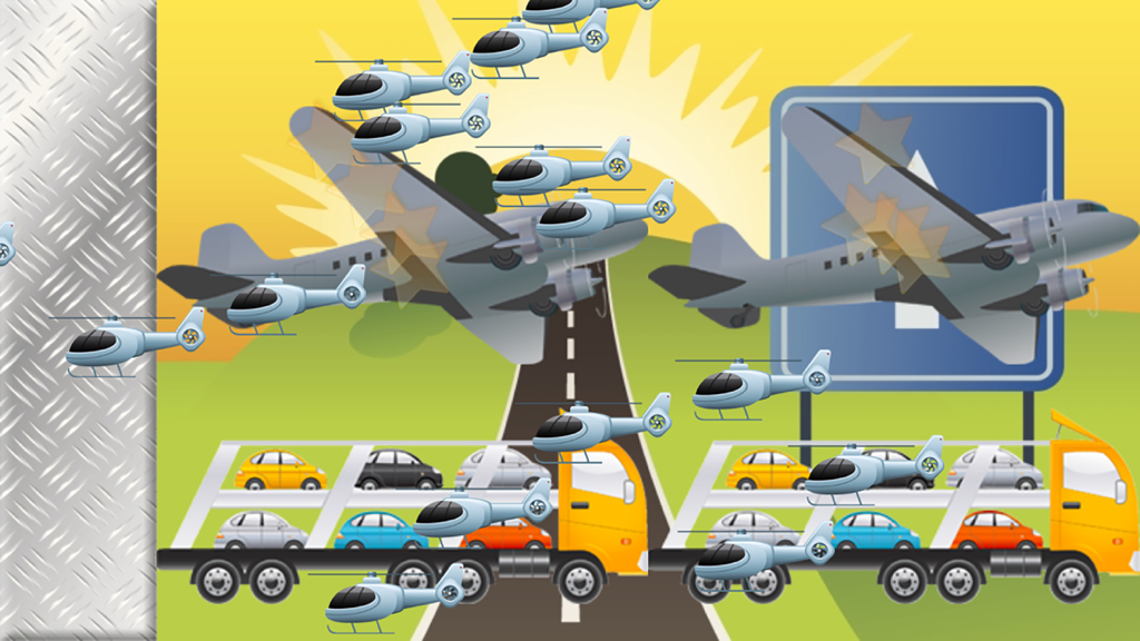 Cartoon cars trucks and airplanes in an educational game for toddlers