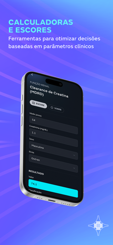 MEDMe Prática Médica - MEDMe app interface showing a creatinine clearance medical calculator for clinical decision support.