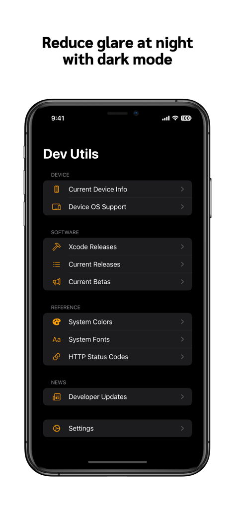 Dev Utils mobile app main menu displayed in dark mode featuring categories for device info, software releases, and developer references.