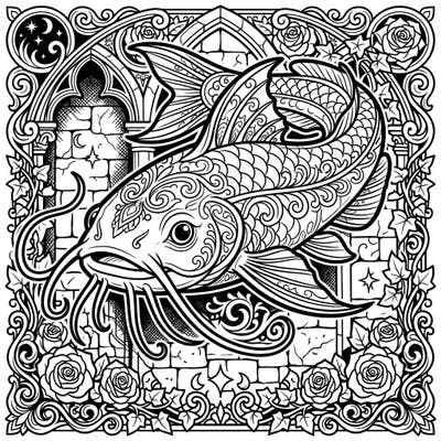 Embark on a captivating coloring journey with this unique Gothic Catfish design, blending aquatic life with dark, intricate artistry. This template promises an engaging experience for those who appreciate both natural beauty and mysterious aesthetics.