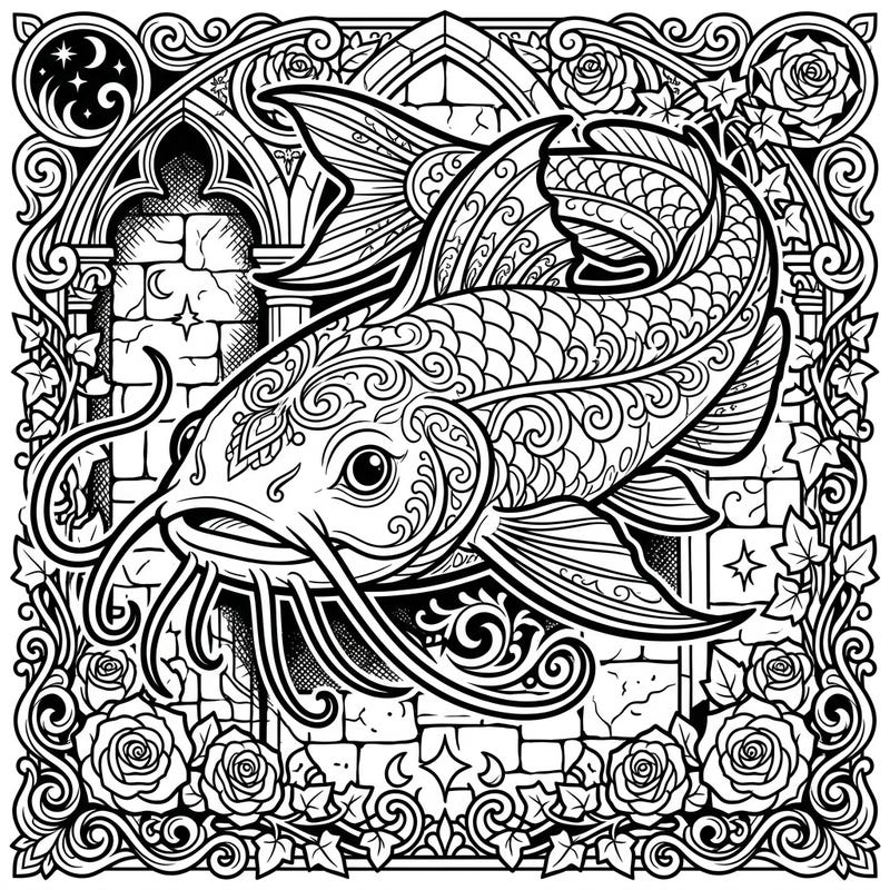 Embark on a captivating coloring journey with this unique Gothic Catfish design, blending aquatic life with dark, intricate artistry. This template promises an engaging experience for those who appreciate both natural beauty and mysterious aesthetics.
