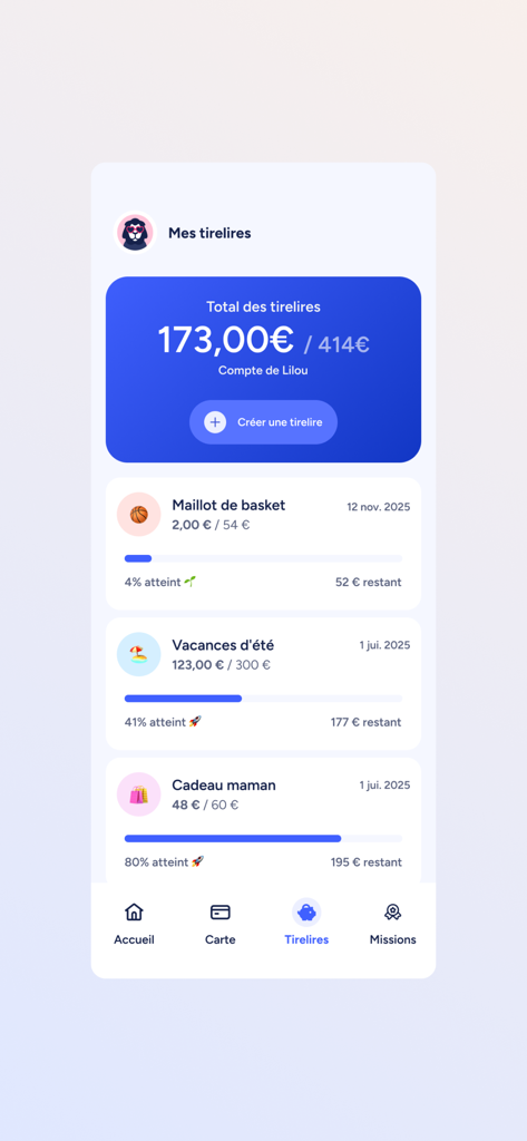 Interface de l'application mobile de banque pour ados Mouv by LCL montrant des objectifs d'épargne personnalisés et des barres de progression pour les ados