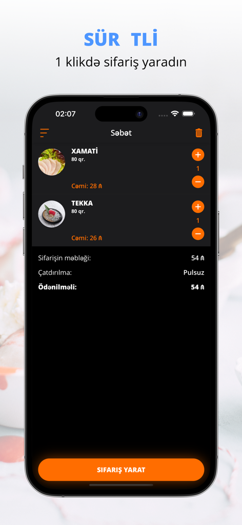 Checkout screen of the Chio Chio San Baku restaurant app showing a sushi order and free delivery.