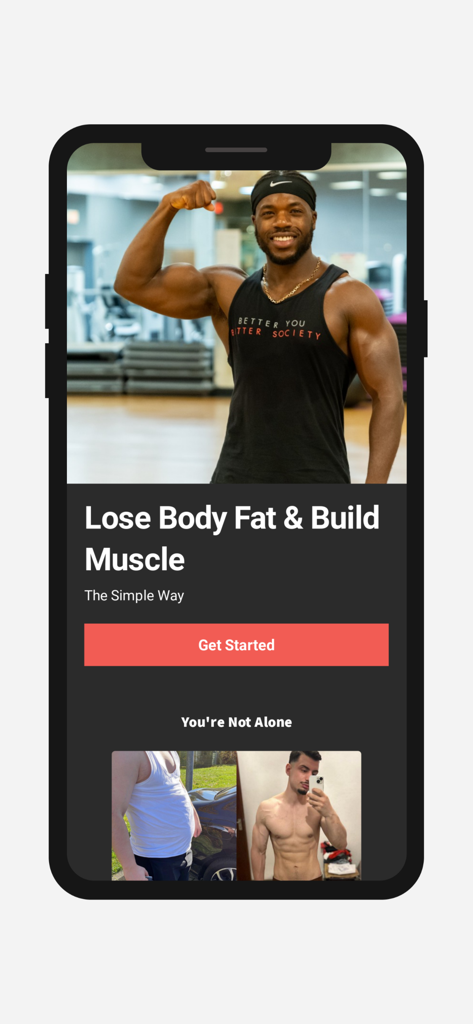 Better You Better Society - Better You Better Society mobile app screen featuring a fitness coach and body transformation success stories