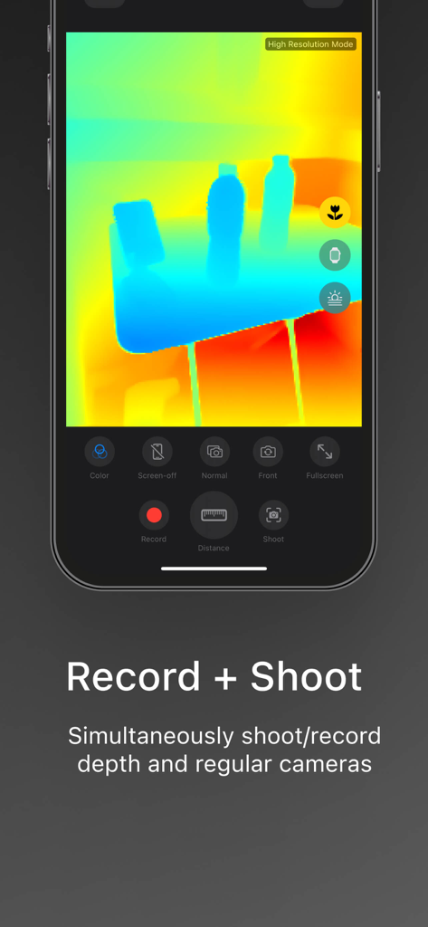 iPhone screen displaying a colorful LiDAR depth map of objects on a table with recording and shooting controls
