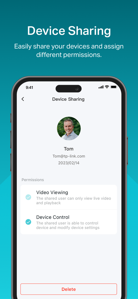 TP-Link VIGI - Interface of the VIGI app showing device sharing and permission settings for business security management