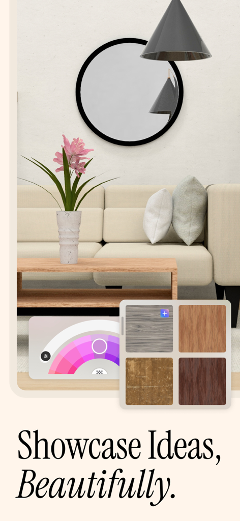 A professional 3D interior design rendering in uMake featuring material textures and color selection tools