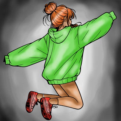 realistic girl jumping with a bun and oversized sweatshirt