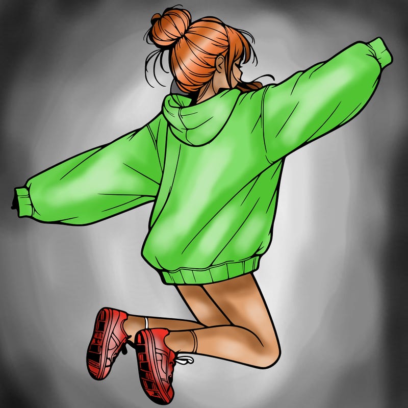 realistic girl jumping with a bun and oversized sweatshirt