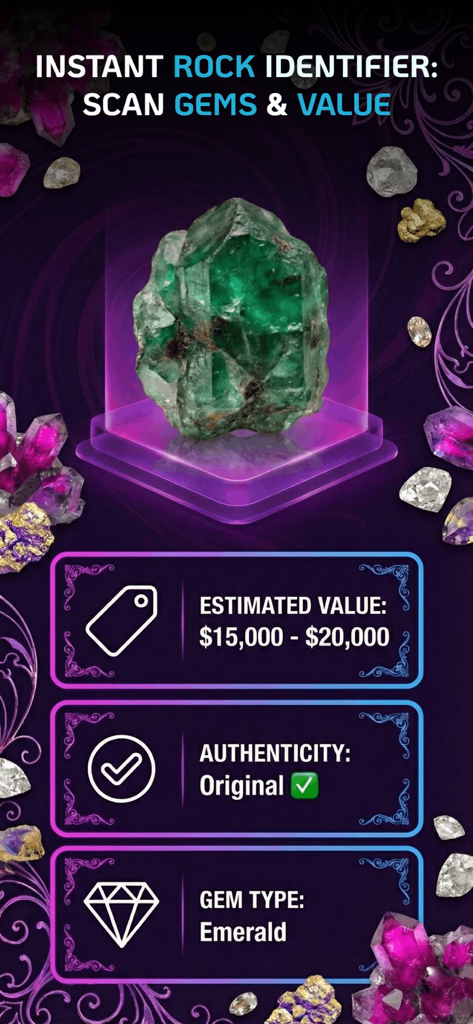 Interfaz de la aplicación Rockfy mostrando un escaneo de esmeralda con valor de mercado estimado y verificación de autenticidad