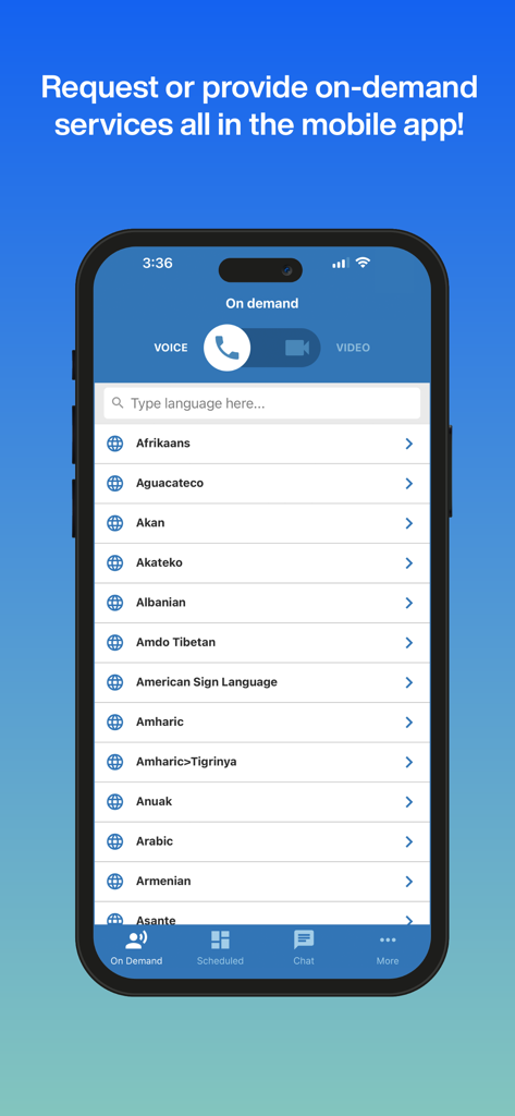 Interpreter Intelligence app interface showing on-demand language options for voice and video interpretation