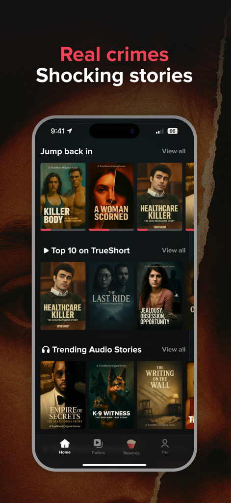 TrueShort - Stream True Crime - Mobile Oberfläche der TrueShort-App, die eine Galerie von Kurzform-True-Crime-Dokumentarserien anzeigt