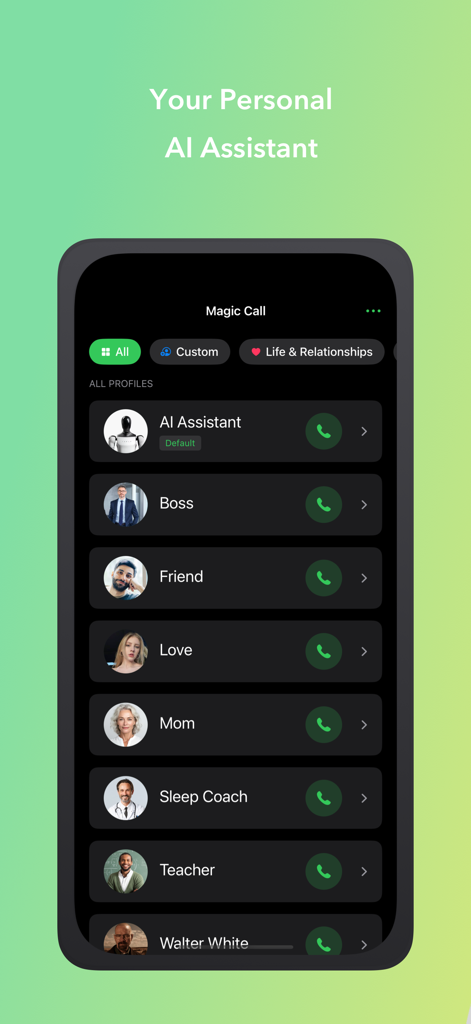 Interfaz de la aplicación Magic Call Pro mostrando una lista de perfiles de voz de IA como Jefe y Amigo