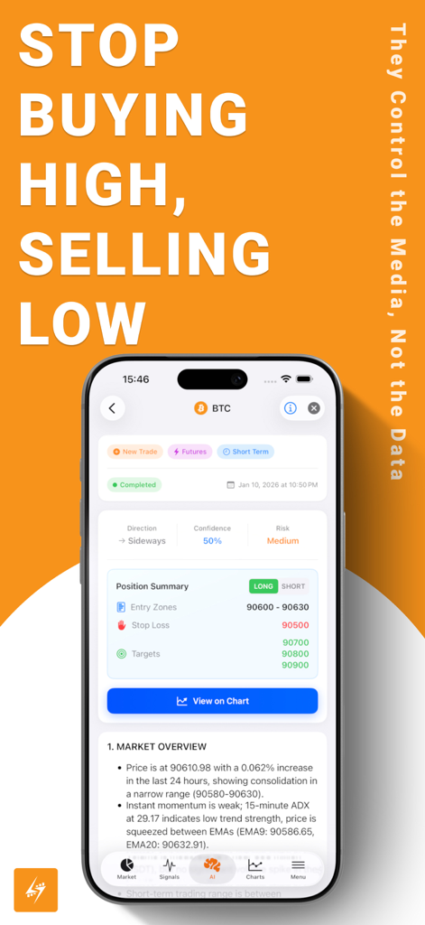 Interface do aplicativo Crypto Analysis AI mostrando sinais de negociação de Bitcoin com zonas de entrada e visão geral do mercado