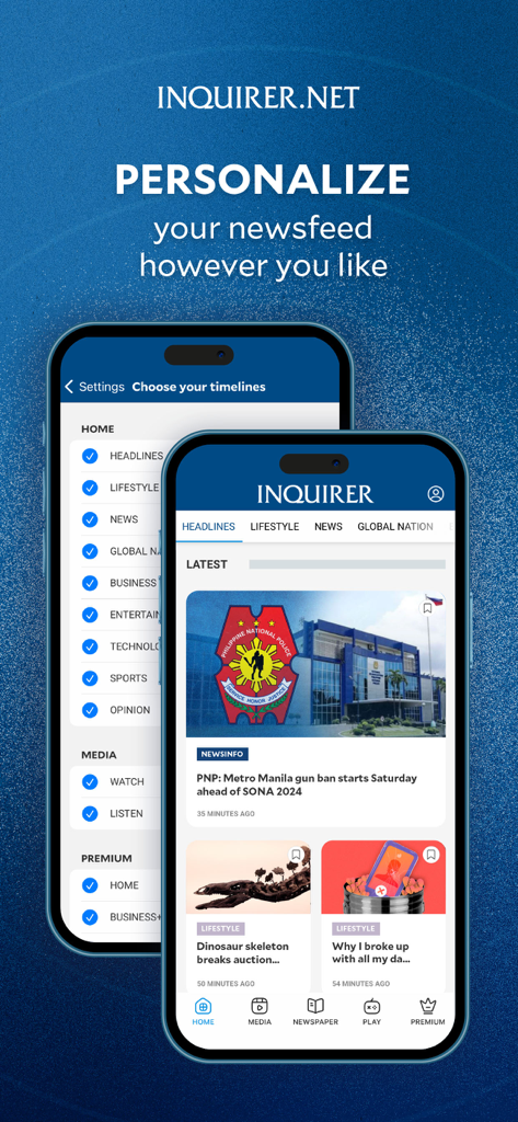 Inquirer Plus - Two iPhones showing the Inquirer Plus app interface for personalizing news timelines and viewing latest headlines