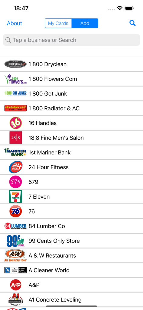 Card Yard - Alphabetical list of popular retailers and businesses to add loyalty cards in the Card Yard app