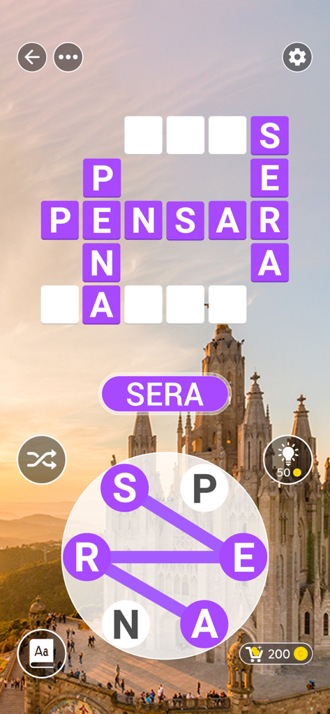 Un juego de conectar palabras en español que muestra una cuadrícula de crucigrama y un paisaje urbano