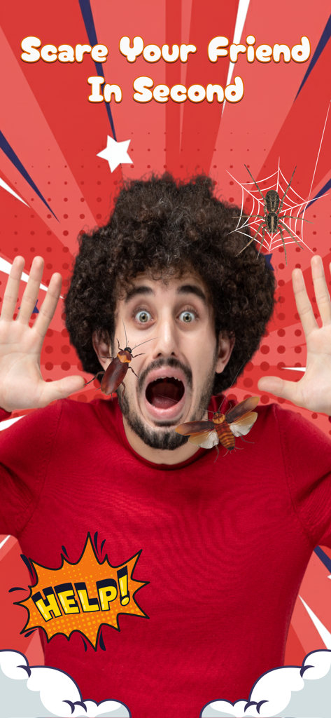 A man with a shocked expression surrounded by realistic cockroach and spider filters for a prank app.