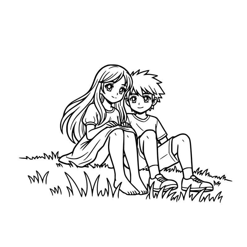 a anime girl with a boy sitting close to her