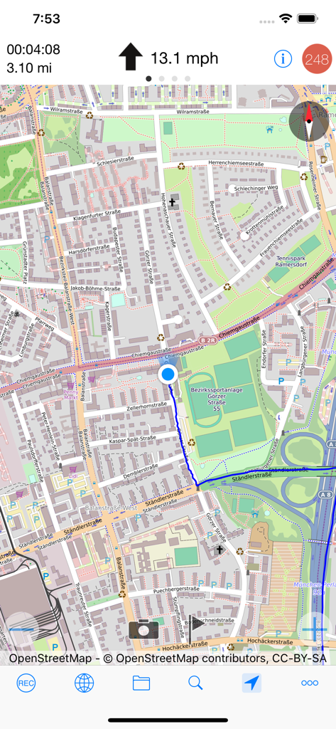 A map interface in the myTracks app showing a recorded blue GPS path with real-time speed and distance metrics.