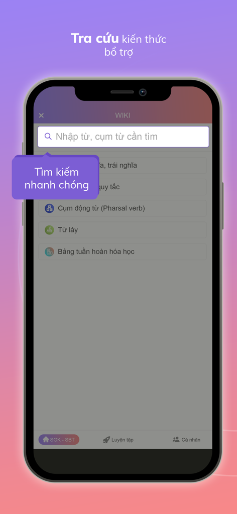 Search interface of the Lời Giải Hay app showing options for looking up phrasal verbs and the periodic table in Vietnamese.