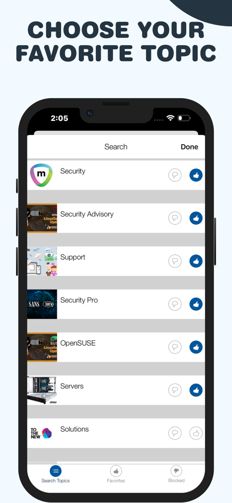 A mobile screen showing technical topics like security, servers, and OpenSUSE with options to favorite or block them for personalized news.
