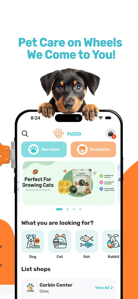Fuzzo -فوزو - Smartphone screen displaying the Fuzzo app interface with pet service categories and products