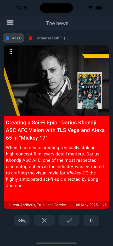 Screenshot of the AFCNews mobile app showing a technical cinematography article about Darius Khondji and the movie Mickey 17